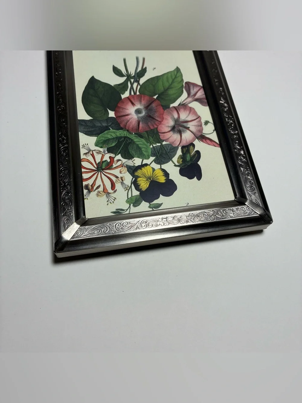 Vintage Silver Aluminum Etched Frame Botanical Floral Print Freestanding 7x5